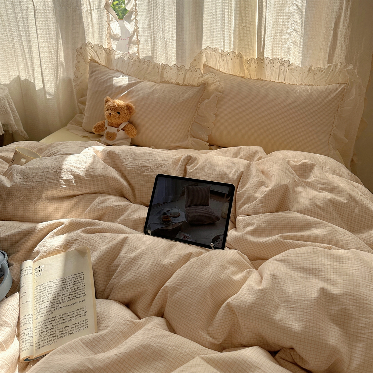 91家纺网 家纺一手货源 找家纺 （总）丽涵家纺 2025新款法式花边全棉色织水洗棉小格子四件套