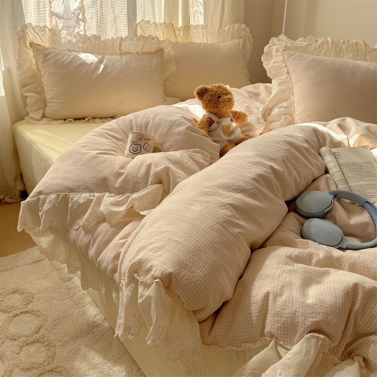 91家纺网 家纺一手货源 找家纺 （总）丽涵家纺 2025新款法式花边全棉色织水洗棉小格子四件套