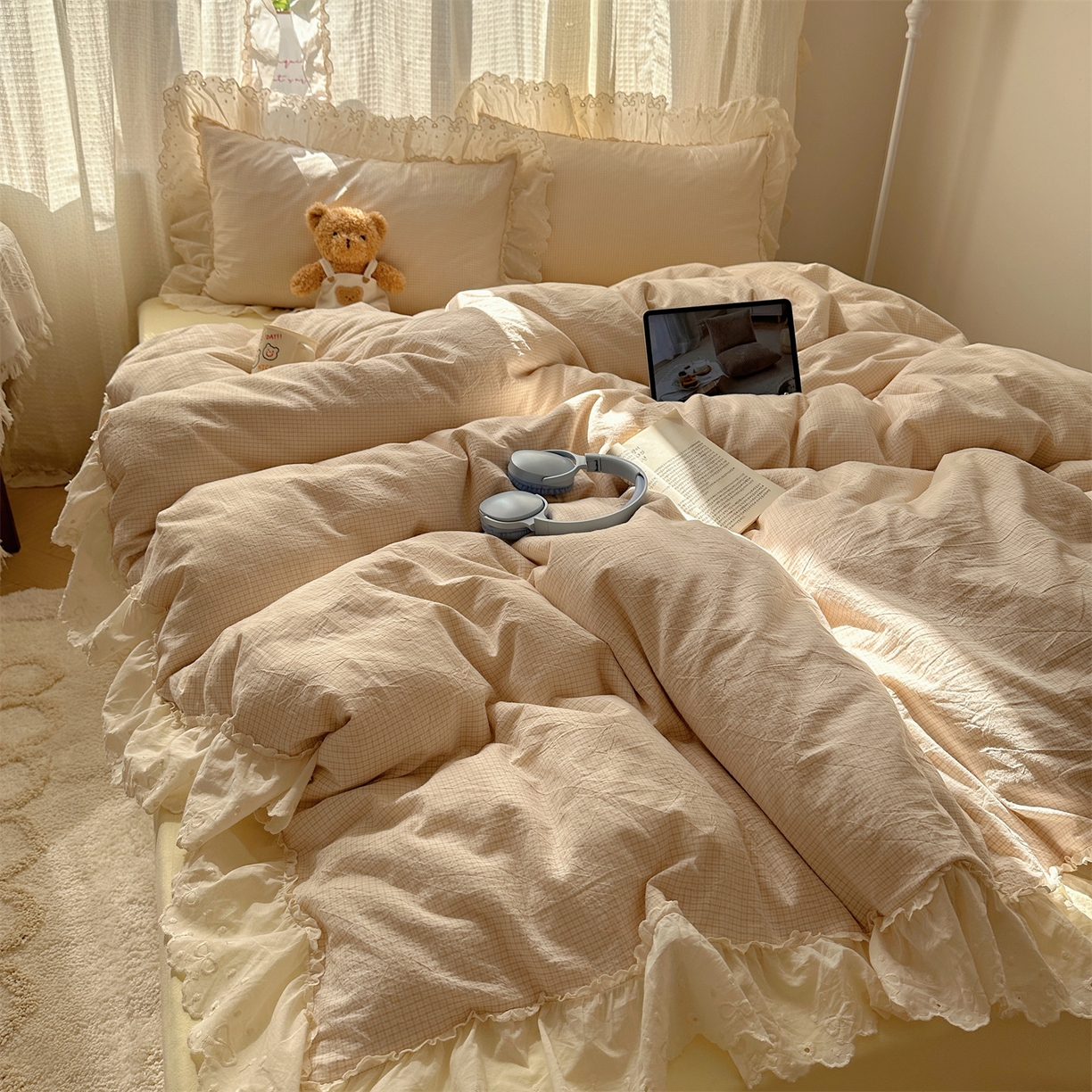 91家纺网 家纺一手货源 找家纺 （总）丽涵家纺 2025新款法式花边全棉色织水洗棉小格子四件套