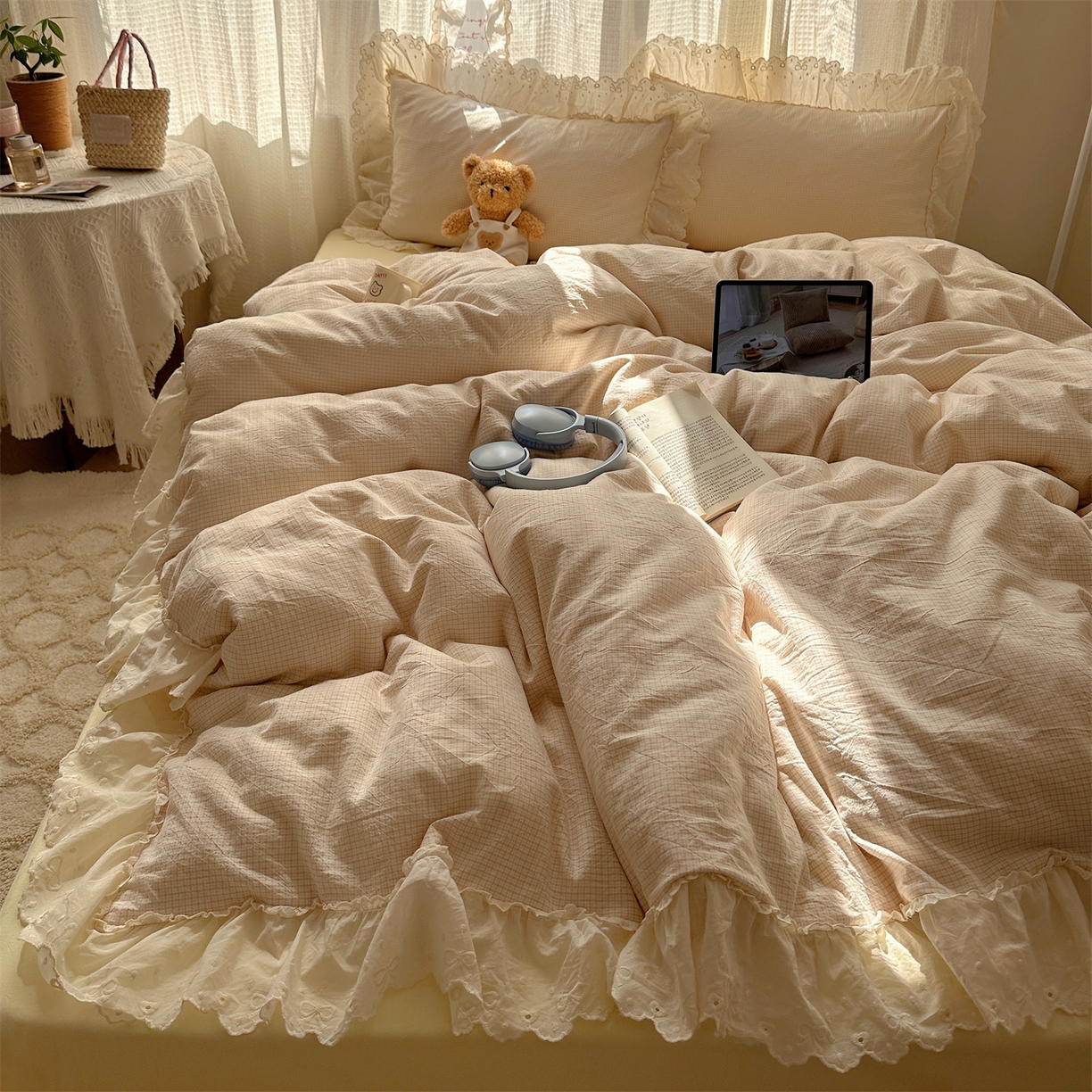 91家纺网 家纺一手货源 找家纺 （总）丽涵家纺 2025新款法式花边全棉色织水洗棉小格子四件套