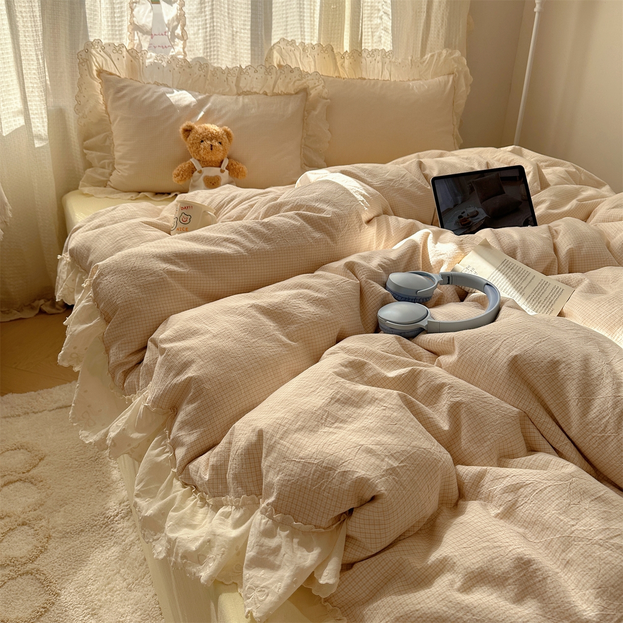 91家纺网 家纺一手货源 找家纺 （总）丽涵家纺 2025新款法式花边全棉色织水洗棉小格子四件套