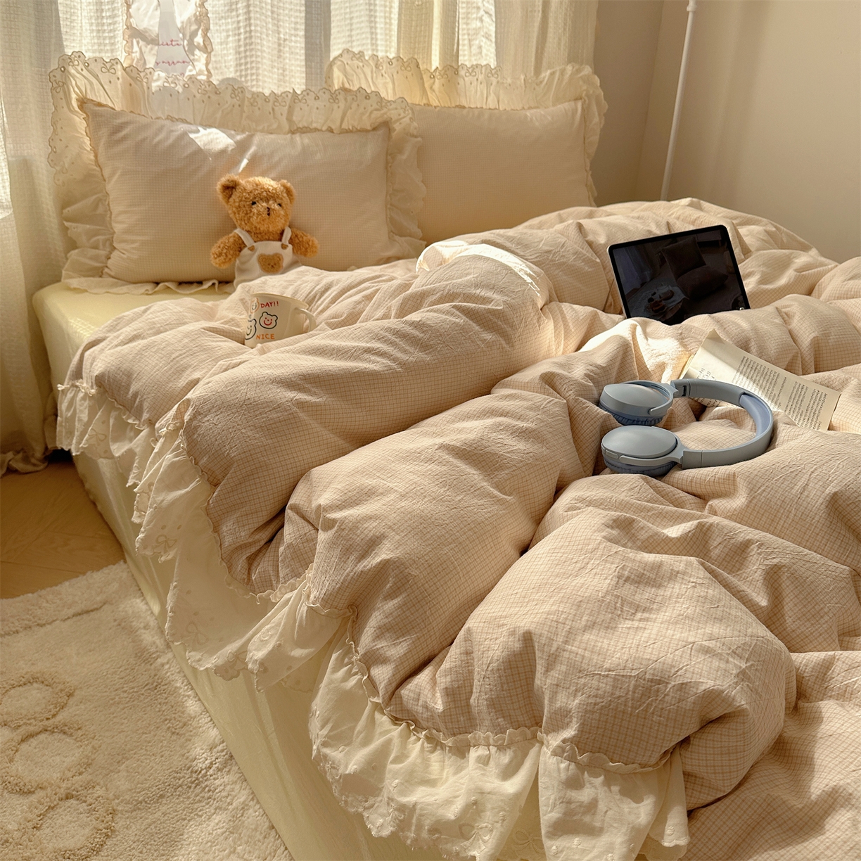 91家纺网 家纺一手货源 找家纺 （总）丽涵家纺 2025新款法式花边全棉色织水洗棉小格子四件套