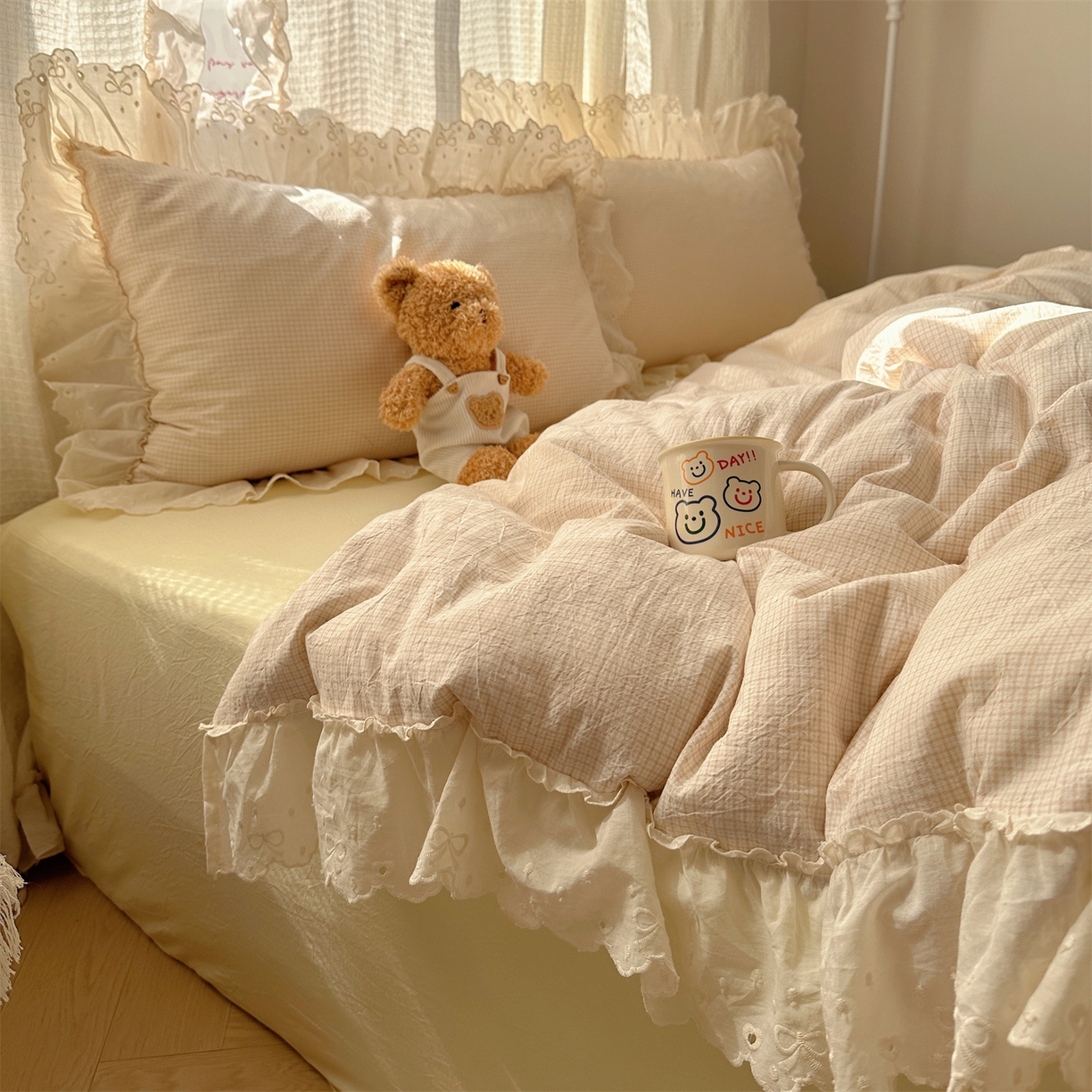 91家纺网 家纺一手货源 找家纺 （总）丽涵家纺 2025新款法式花边全棉色织水洗棉小格子四件套