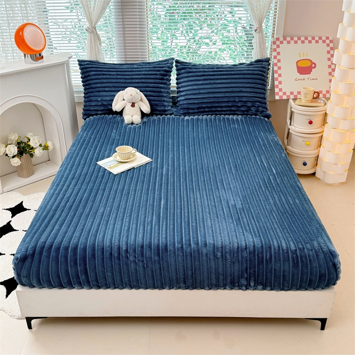 91家纺网 家纺一手货源 找家纺 馨乐家纺 2025新款A类300g兔毛抽条床笠 宾利蓝-床笠