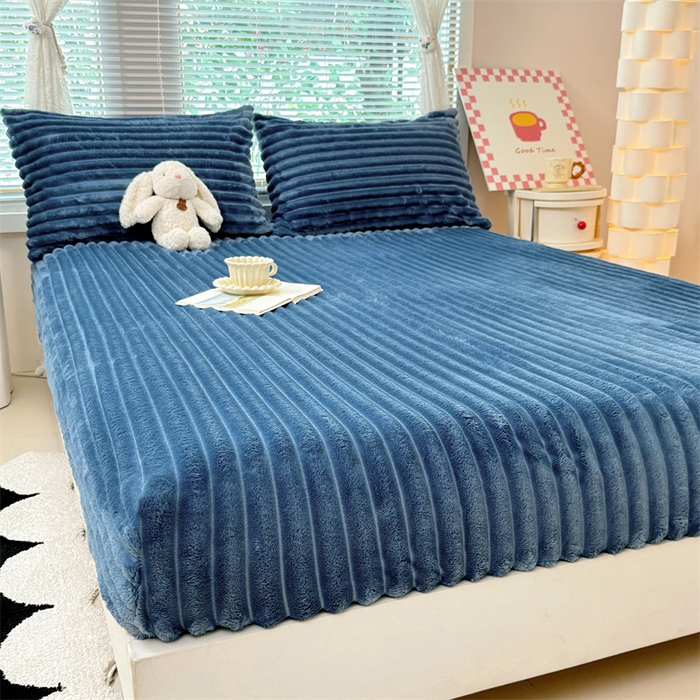 91家纺网 家纺一手货源 找家纺 馨乐家纺 2025新款A类300g兔毛抽条床笠 宾利蓝-床笠