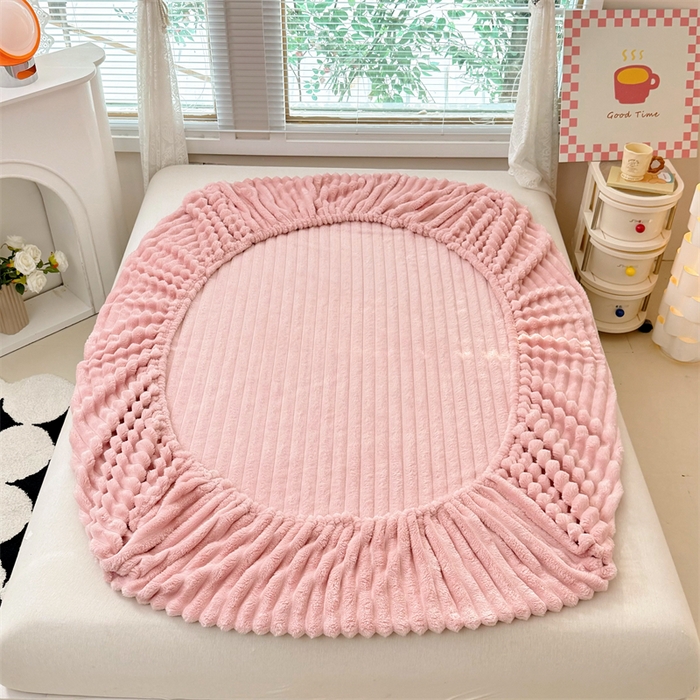 91家纺网 家纺一手货源 找家纺 馨乐家纺 2025新款A类300g兔毛抽条床笠 粉色-床笠