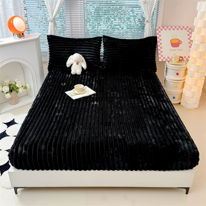 91家纺网 家纺一手货源 找家纺 馨乐家纺 2025新款A类300g兔毛抽条床笠 黑色-床笠