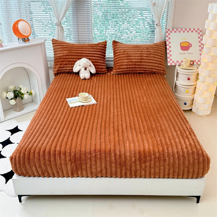 91家纺网 家纺一手货源 找家纺 馨乐家纺 2025新款A类300g兔毛抽条床笠 焦糖-床笠