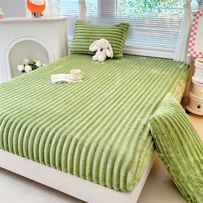 91家纺网 家纺一手货源 找家纺 馨乐家纺 2025新款A类300g兔毛抽条床笠 抹茶绿-床笠