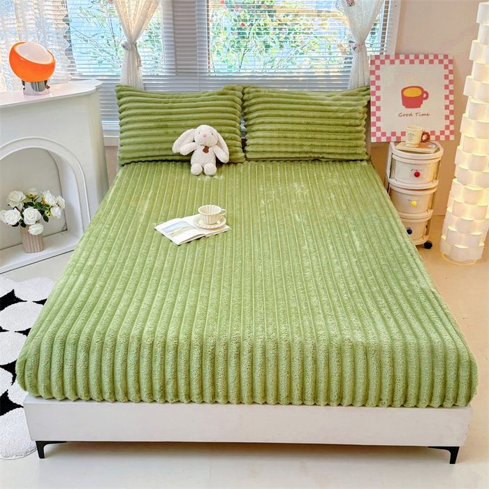 91家纺网 家纺一手货源 找家纺 馨乐家纺 2025新款A类300g兔毛抽条床笠 抹茶绿-床笠