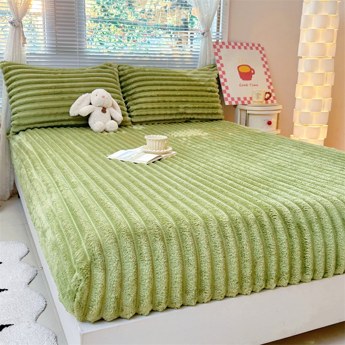 91家纺网 家纺一手货源 找家纺 馨乐家纺 2025新款A类300g兔毛抽条床笠 抹茶绿-床笠