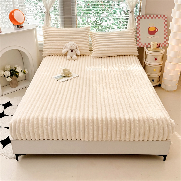 91家纺网 家纺一手货源 找家纺 馨乐家纺 2025新款A类300g兔毛抽条床笠 奶白-床笠