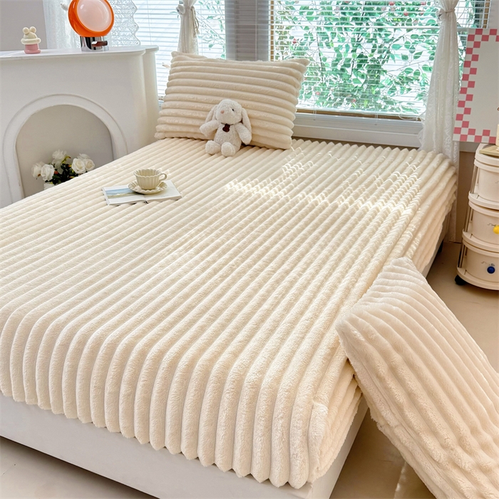 91家纺网 家纺一手货源 找家纺 馨乐家纺 2025新款A类300g兔毛抽条床笠 奶白-床笠