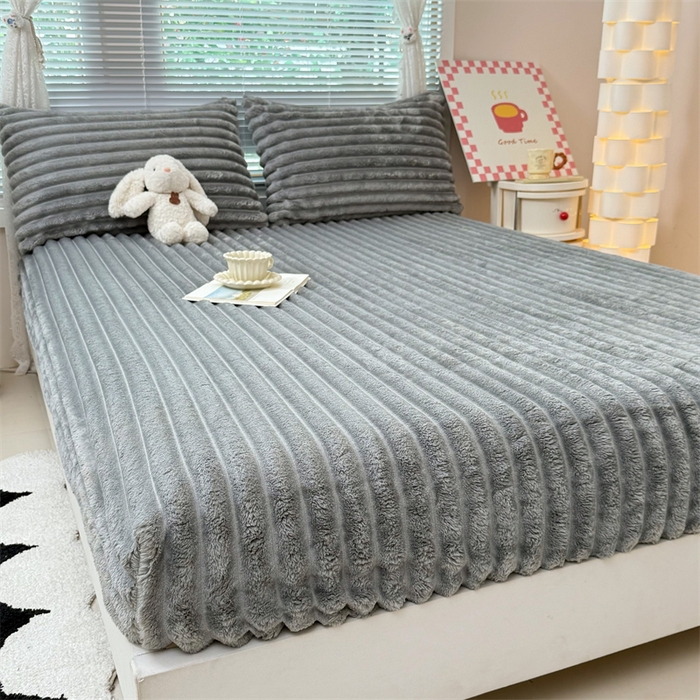 91家纺网 家纺一手货源 找家纺 馨乐家纺 2025新款A类300g兔毛抽条床笠 浅灰-床笠