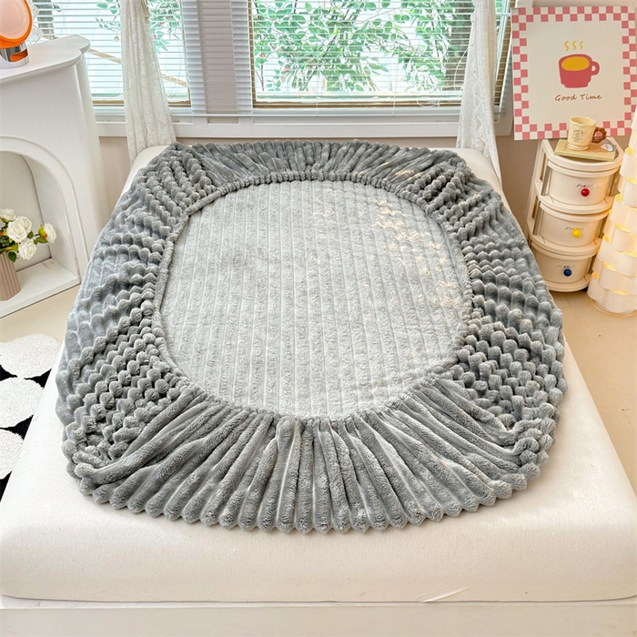 91家纺网 家纺一手货源 找家纺 馨乐家纺 2025新款A类300g兔毛抽条床笠 浅灰-床笠