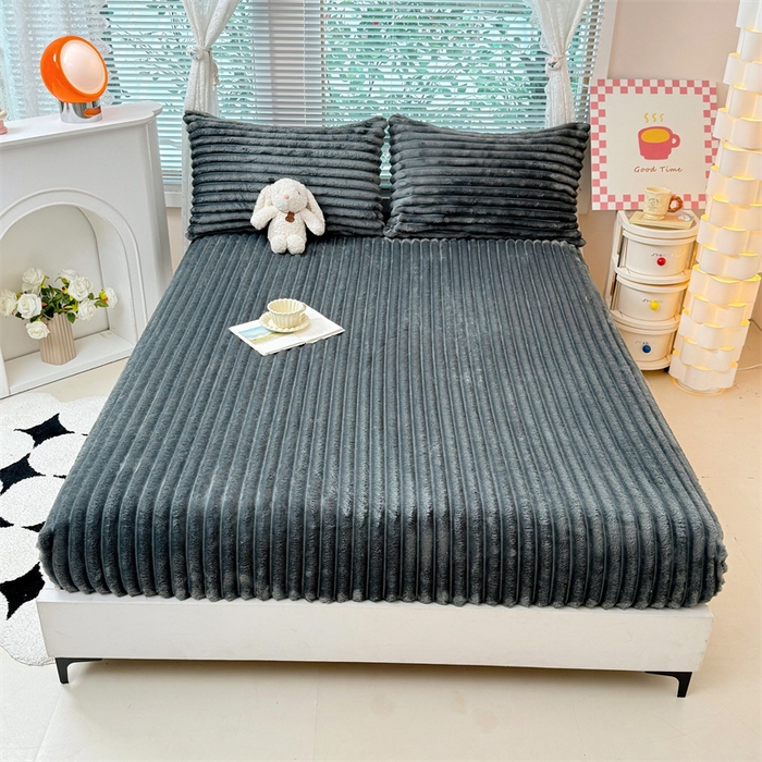 91家纺网 家纺一手货源 找家纺 馨乐家纺 2025新款A类300g兔毛抽条床笠 深灰-床笠