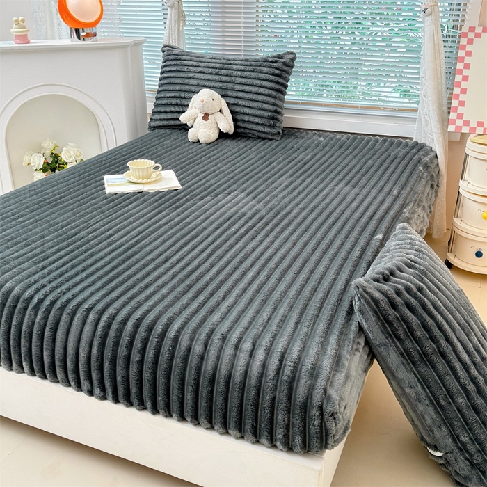 91家纺网 家纺一手货源 找家纺 馨乐家纺 2025新款A类300g兔毛抽条床笠 深灰-床笠