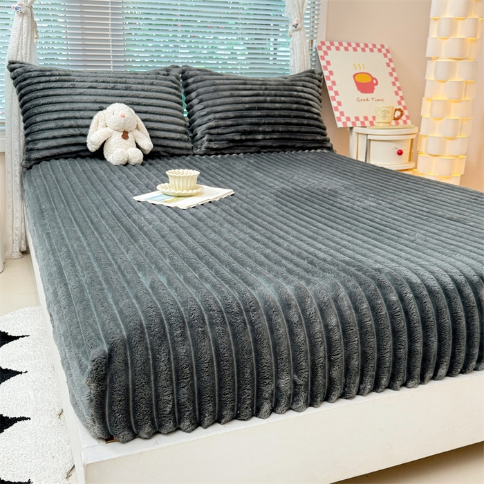 91家纺网 家纺一手货源 找家纺 馨乐家纺 2025新款A类300g兔毛抽条床笠 深灰-床笠