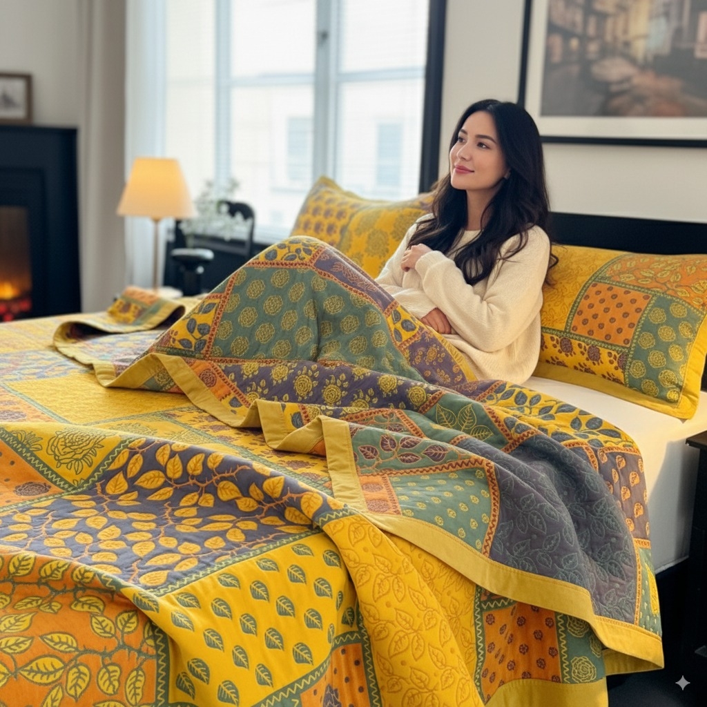 91家纺网 家纺一手货源 找家纺 七七家纺 2025新款新疆长绒棉盖毯 黄叶繁花