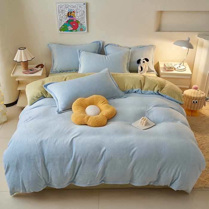 91家纺网 家纺一手货源 找家纺 2025新款多巴胺小红书纯色牛奶绒四件套牛奶绒被套跨境定制-风格二 天蓝橄榄绿