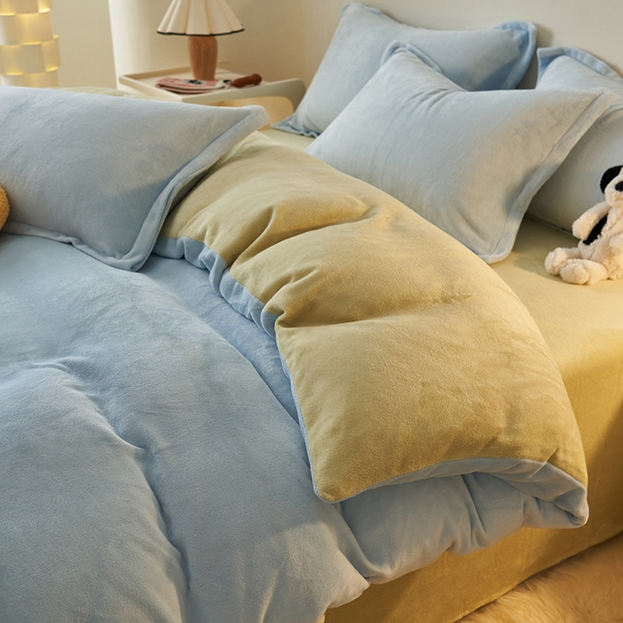 91家纺网 家纺一手货源 找家纺 2025新款多巴胺小红书纯色牛奶绒四件套牛奶绒被套跨境定制-风格二 天蓝橄榄绿