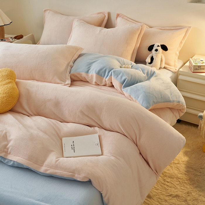 2025新款多巴胺小红书纯色牛奶绒四件套牛奶绒被套跨境定制-风格二 奶油天蓝