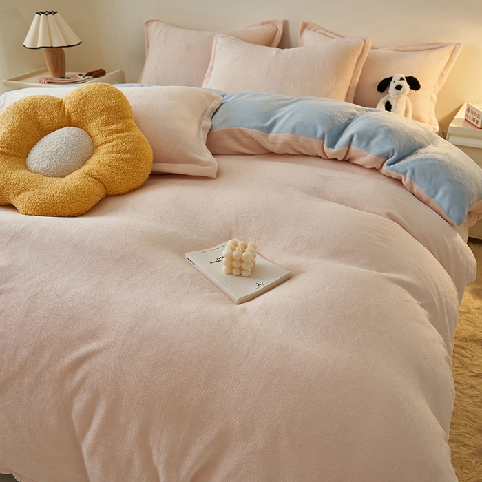 91家纺网 家纺一手货源 找家纺 2025新款多巴胺小红书纯色牛奶绒四件套牛奶绒被套跨境定制-风格二 奶油天蓝