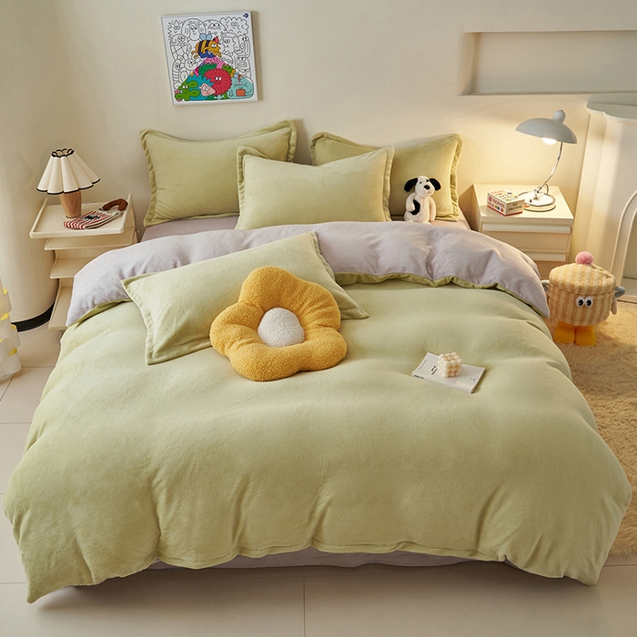 91家纺网 家纺一手货源 找家纺 2025新款多巴胺小红书纯色牛奶绒四件套牛奶绒被套跨境定制-风格二 橄榄绿灰