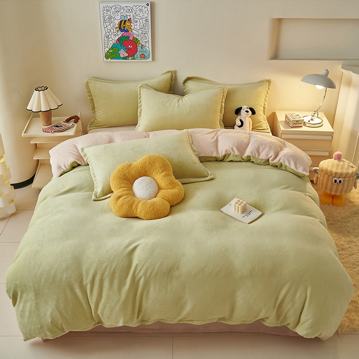 91家纺网 家纺一手货源 找家纺 2025新款多巴胺小红书纯色牛奶绒四件套牛奶绒被套跨境定制-风格二 橄榄绿奶油