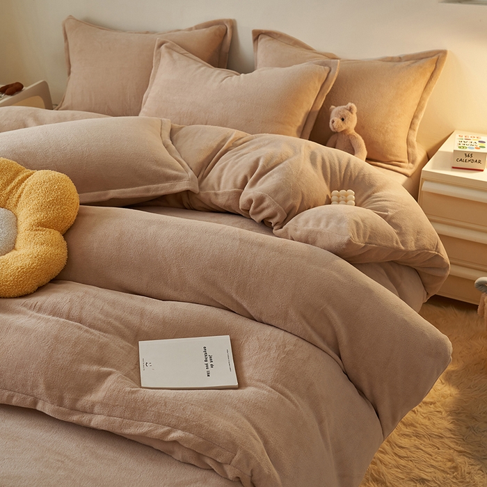 2025新款多巴胺小红书纯色牛奶绒四件套牛奶绒被套跨境定制-风格二 卡其