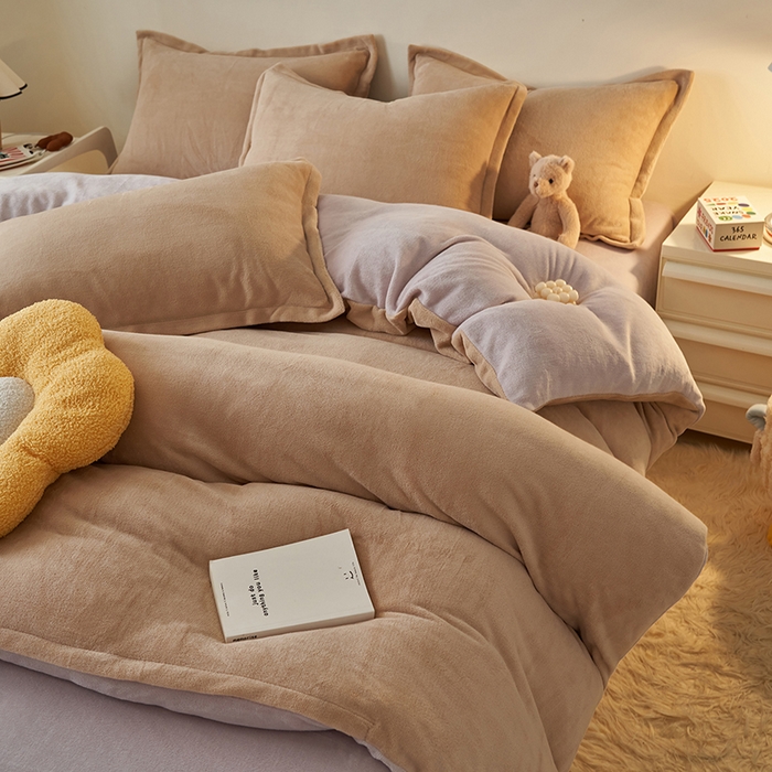 2025新款多巴胺小红书纯色牛奶绒四件套牛奶绒被套跨境定制-风格二 卡其灰色