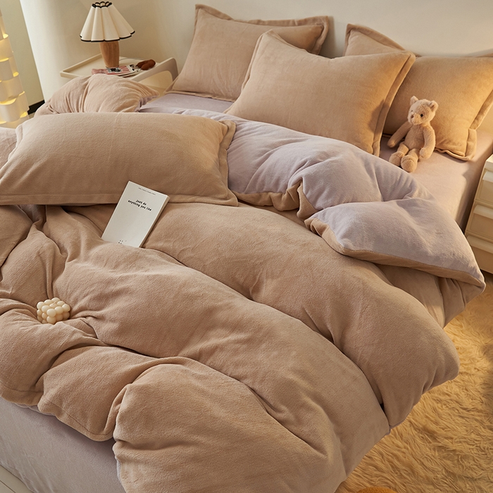 91家纺网 家纺一手货源 找家纺 2025新款多巴胺小红书纯色牛奶绒四件套牛奶绒被套跨境定制-风格二 卡其灰色