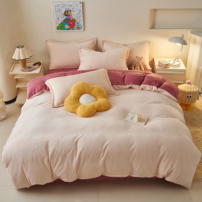 91家纺网 家纺一手货源 找家纺 2025新款多巴胺小红书纯色牛奶绒四件套牛奶绒被套跨境定制-风格二 奶油豆沙