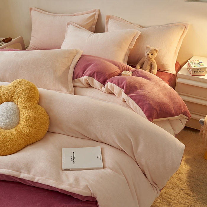 2025新款多巴胺小红书纯色牛奶绒四件套牛奶绒被套跨境定制-风格二 奶油豆沙