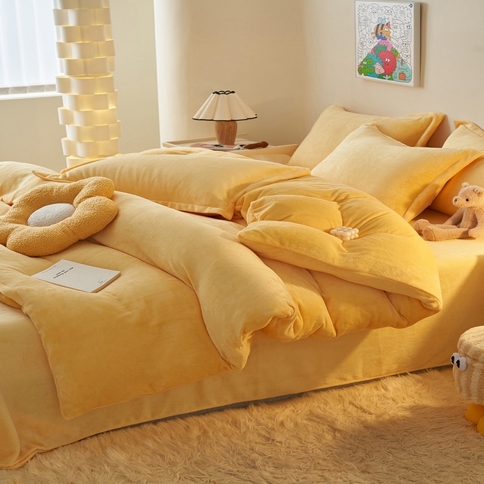 91家纺网 家纺一手货源 找家纺 2025新款多巴胺小红书纯色牛奶绒四件套牛奶绒被套跨境定制-风格二 柠檬黄