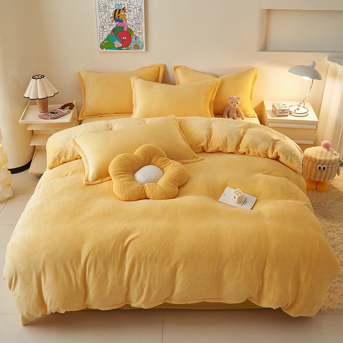 91家纺网 家纺一手货源 找家纺 2025新款多巴胺小红书纯色牛奶绒四件套牛奶绒被套跨境定制-风格二 柠檬黄