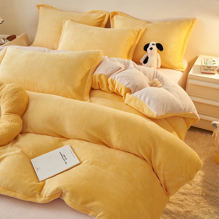 2025新款多巴胺小红书纯色牛奶绒四件套牛奶绒被套跨境定制-风格二 柠檬黄奶油