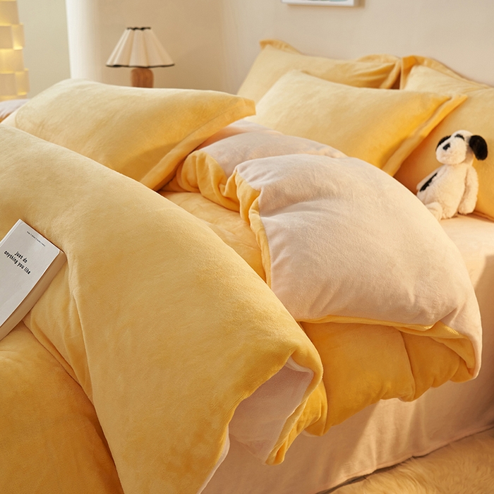 91家纺网 家纺一手货源 找家纺 2025新款多巴胺小红书纯色牛奶绒四件套牛奶绒被套跨境定制-风格二 柠檬黄奶油