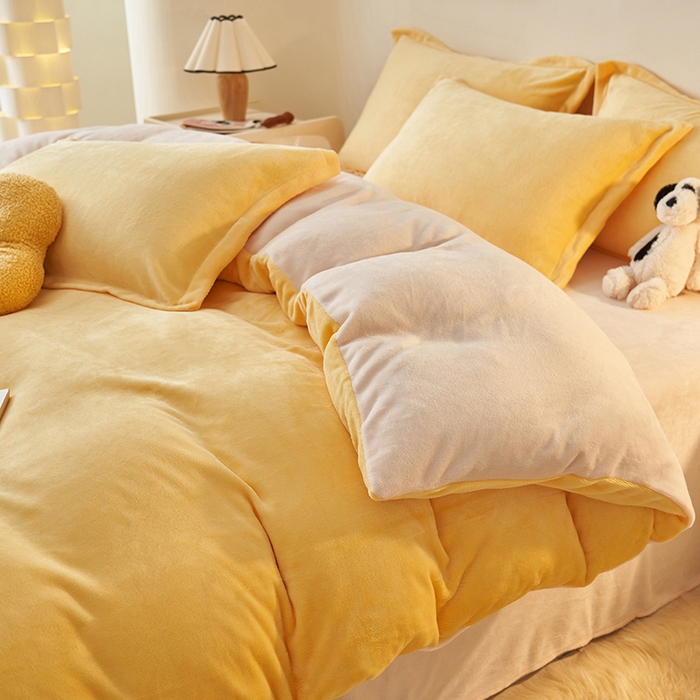 91家纺网 家纺一手货源 找家纺 2025新款多巴胺小红书纯色牛奶绒四件套牛奶绒被套跨境定制-风格二 柠檬黄奶油