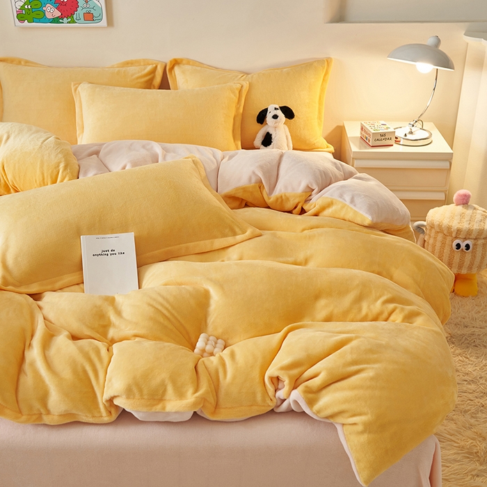 91家纺网 家纺一手货源 找家纺 2025新款多巴胺小红书纯色牛奶绒四件套牛奶绒被套跨境定制-风格二 柠檬黄奶油