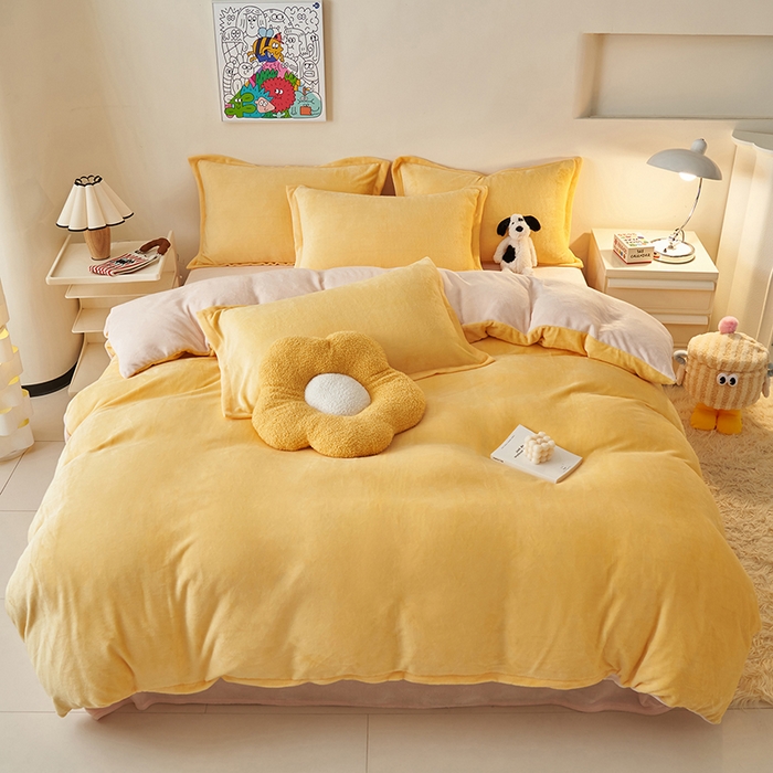 91家纺网 家纺一手货源 找家纺 2025新款多巴胺小红书纯色牛奶绒四件套牛奶绒被套跨境定制-风格二 柠檬黄奶油