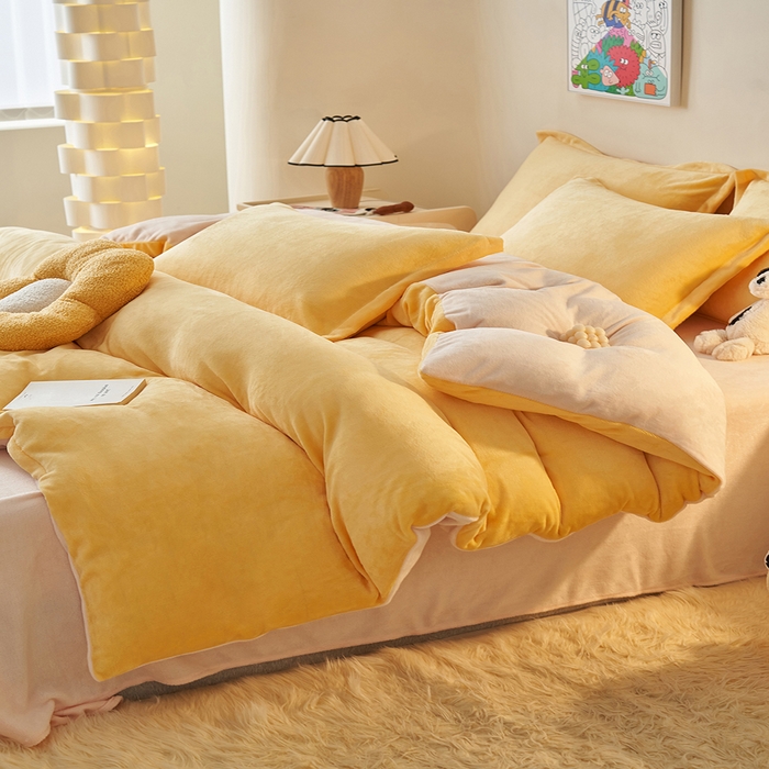 91家纺网 家纺一手货源 找家纺 2025新款多巴胺小红书纯色牛奶绒四件套牛奶绒被套跨境定制-风格二 柠檬黄奶油