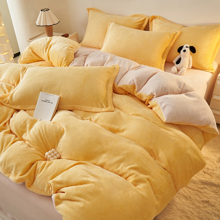 91家纺网 家纺一手货源 找家纺 2025新款多巴胺小红书纯色牛奶绒四件套牛奶绒被套跨境定制-风格二 柠檬黄奶油