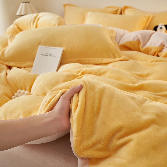 91家纺网 家纺一手货源 找家纺 2025新款多巴胺小红书纯色牛奶绒四件套牛奶绒被套跨境定制-风格二 柠檬黄奶油