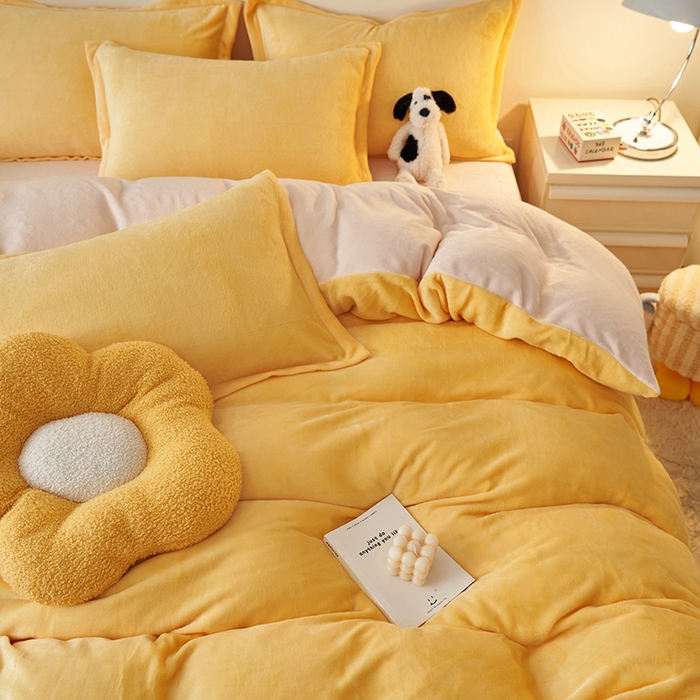91家纺网 家纺一手货源 找家纺 2025新款多巴胺小红书纯色牛奶绒四件套牛奶绒被套跨境定制-风格二 柠檬黄奶油