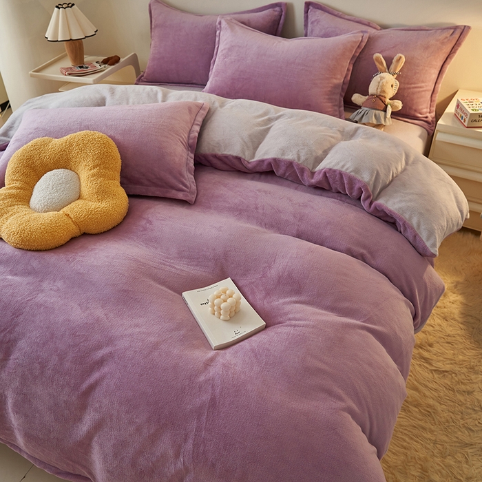 91家纺网 家纺一手货源 找家纺 2025新款多巴胺小红书纯色牛奶绒四件套牛奶绒被套跨境定制-风格二 优雅紫灰
