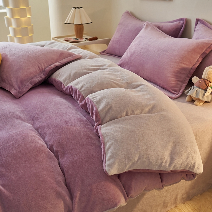 91家纺网 家纺一手货源 找家纺 2025新款多巴胺小红书纯色牛奶绒四件套牛奶绒被套跨境定制-风格二 优雅紫灰