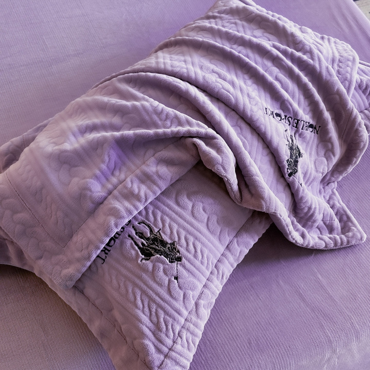 91家纺网 家纺一手货源 找家纺 爱家（原缔乐家纺） 2025新款A类牛奶雕花绒四件套 保罗-黑天鹅系列 保罗-梦幻紫