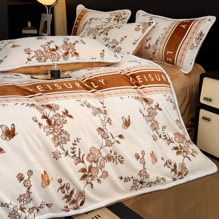 91家纺网 家纺一手货源 找家纺 诺梵2025新款牛8斤奶绒印花包边四件套浮生若梦-咖