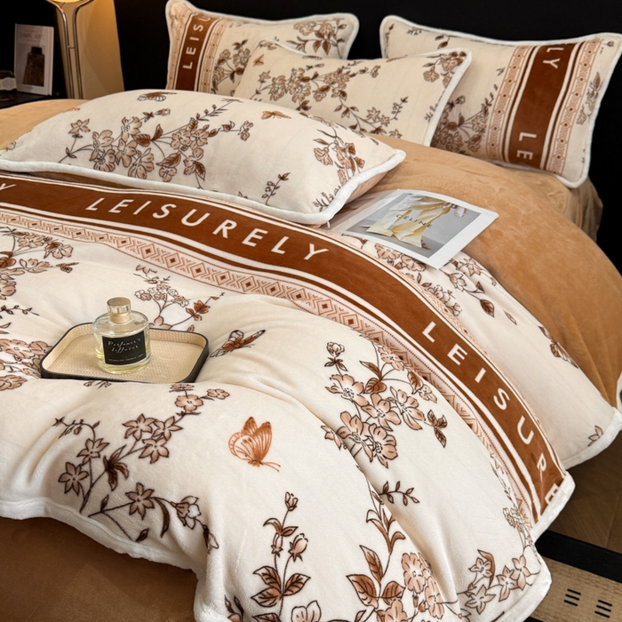 诺梵2025新款牛8斤奶绒印花包边四件套浮生若梦-咖